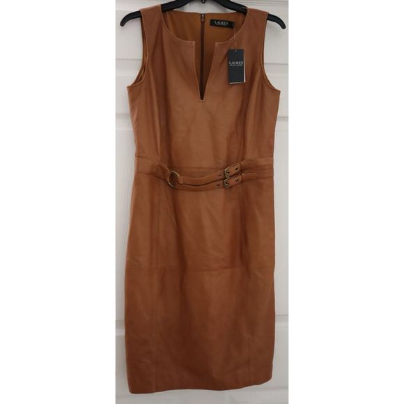 Lauren Ralph Lauren Women Sz 6 Brown Lamb Leather Sleeveless Sheath Dress $595 - Picture 1 of 13